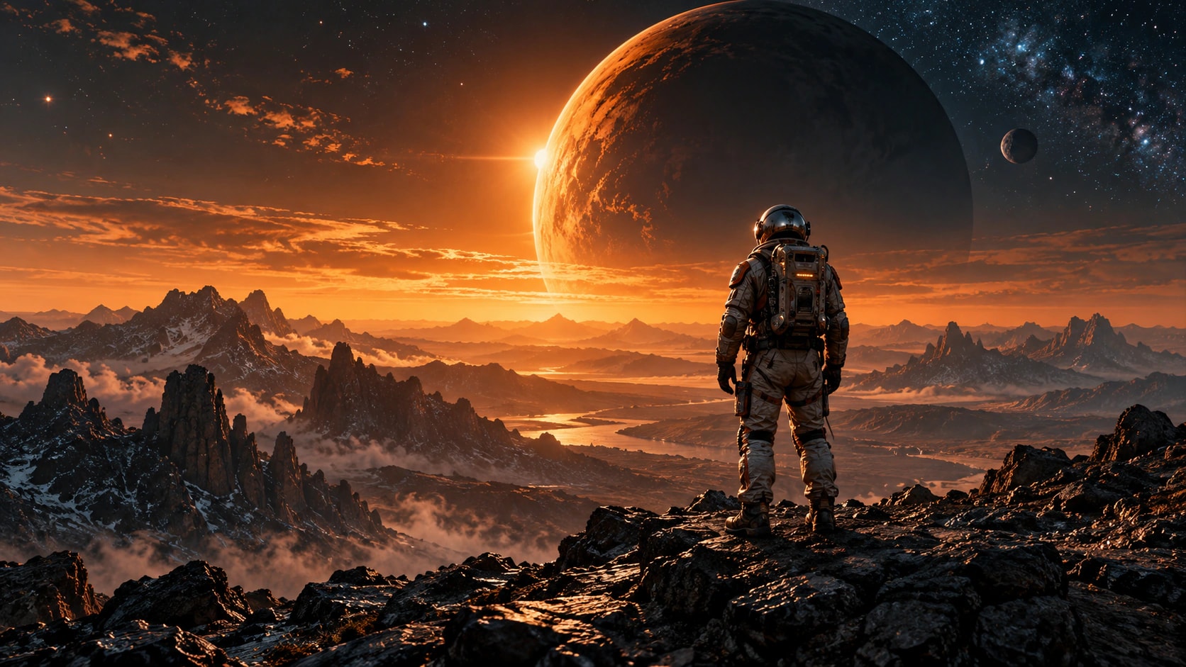Astronauta em uma paisagem alienígena sob um eclipse alaranjado