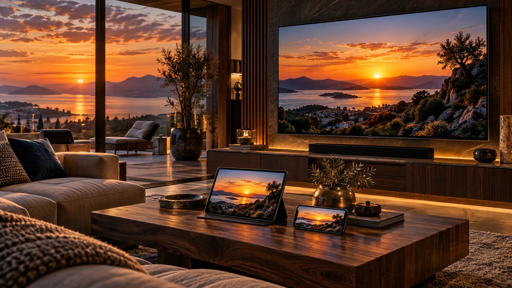 Sala de estar com televisão, tablet e celular em iluminação aconchegante